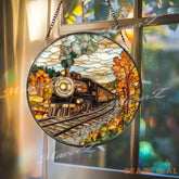 Autumn Train Stained Glass Suncatcher Vintage Locomotive Window Panel Rustic Railroad Fall Decor Round Cabin Gift for